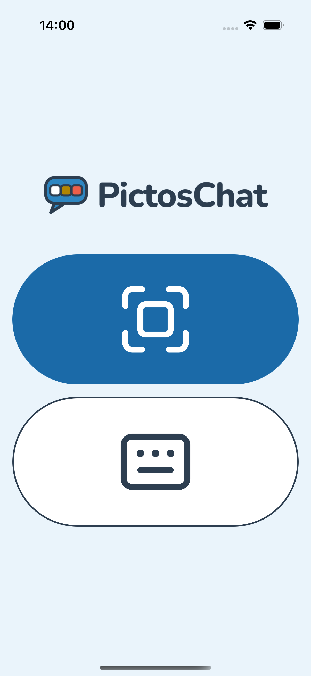 Het startscherm van PictosChat op een telefoon, klaar om de code te scannen.